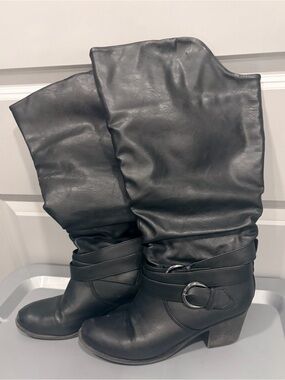 Black Slouch Mid-Calf Boots with Buckle Strap - Women